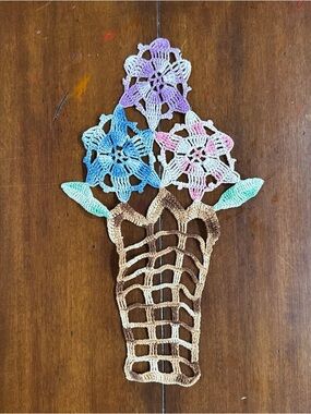 Vintage Hand Crocheted Floral Doily 14” Pastel Flowers Basket Boho Cottagecore